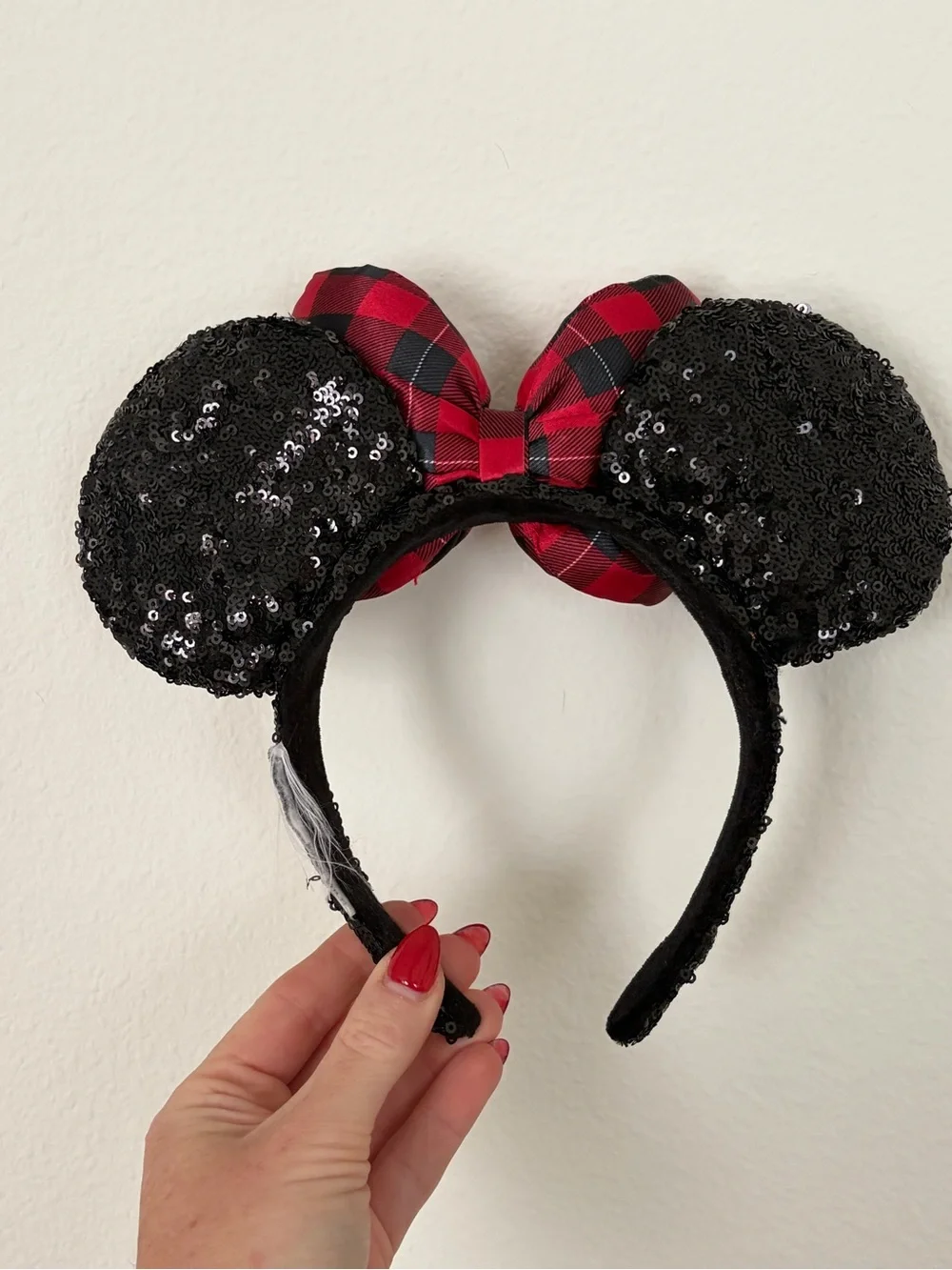 Disney Black Sequin Minnie Mickey Holiday Ears Headband with Red Plaid Bow